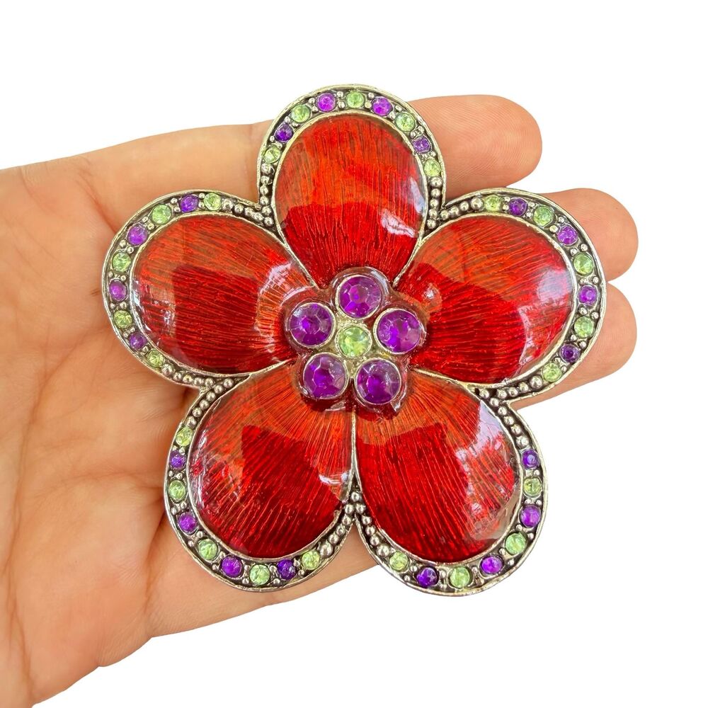 Vintage Jewelry Red Flower Brooch Red Floral Pin Huge Flower Brooch